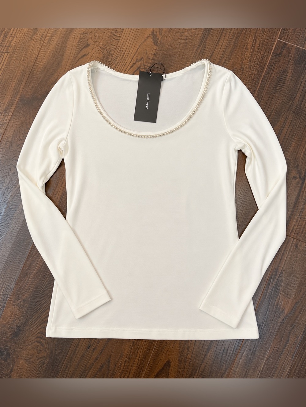 Zara Cream Long Sleeve Scoop Neck Top with Pearl Trim